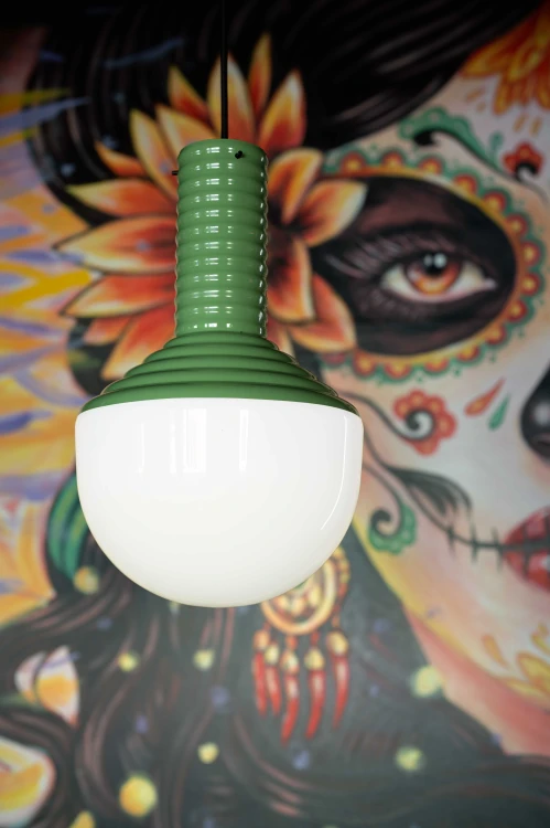 Ferroluce C2730 Selaron – szklana lampa wisząca Deco, kolory: pomarańcz Poke, żółty, niebieski, szałwiowa zieleń; idealna do kuchni, jadalni lub salonu