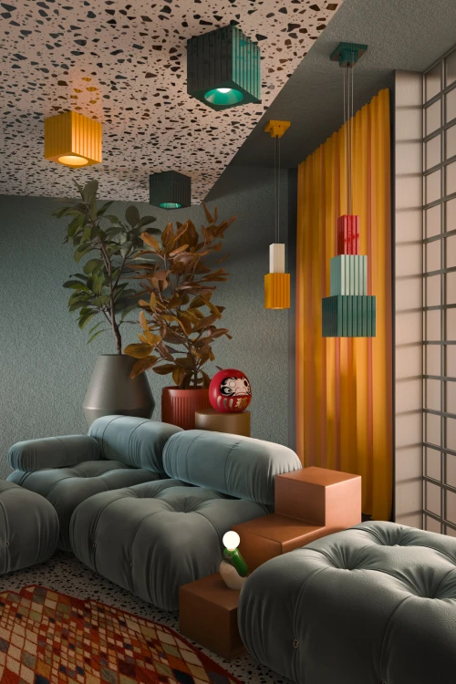 lampa Ferroluce Metra w restauracji nad stolikami klimat artdeco