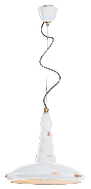 Lampa wisząca Ferroluce C1410 Vintage biały / czarny / czerwony – klosz Ø 40 cm z ceramiki; idealna nad stołem jadalnym lub nad wyspą kuchenną.